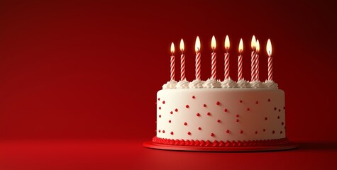 
3D rendering of a birthday cake with candles on a red background with copy space for text, a minimalist concept.