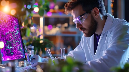 Focused scientist works late in lab, analyzing data on computer screen and samples.