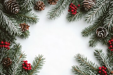 Christmas Tree Border with Snow and Red Berries on White Background