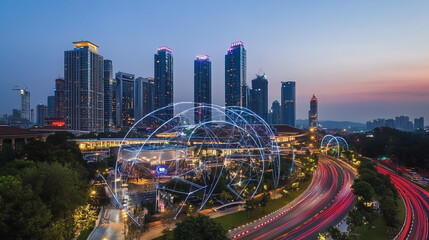 Obraz premium Abstract business team stands on the peak of success amid tall, innovative Smart city and graphs with statistics to analyze business potential and predict future developments in company growth.