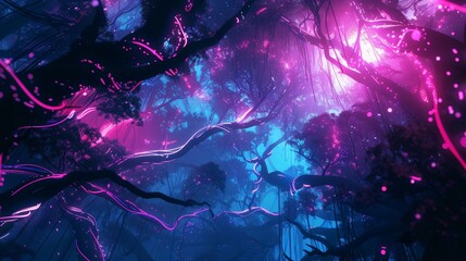 Magical glowing neon vines growing on dark silhouettes of trees in an enchanted forest at night, creating a surreal and otherworldly atmosphere