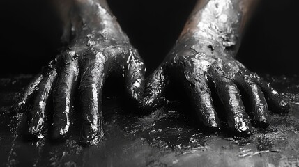Two hands covered in black, viscous substance, pressed against a dark surface.