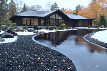 Modern House, Autumn Landscape Illustration