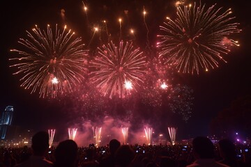 Obraz premium Vibrant Fireworks Display Over City Crowd At Night