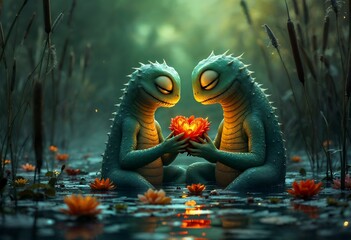 Fototapeta premium Enchanted Lizards: A Serene Nighttime Embrace in a Mystical Swamp