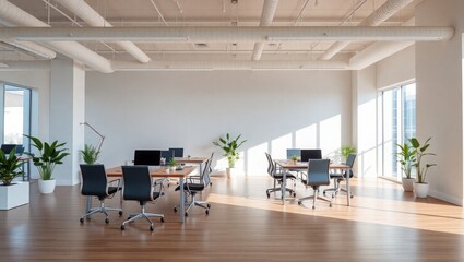 Modern bright office space with wooden desks and chairs