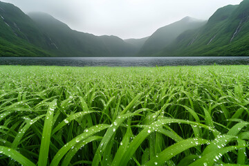 Fototapeta premium Dewy Grass, Misty Mountain Lake