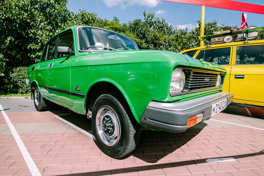 Vintage soviet Moskvitch 2140 SL car at retro show. AZLK M-2140SL auto in green colour