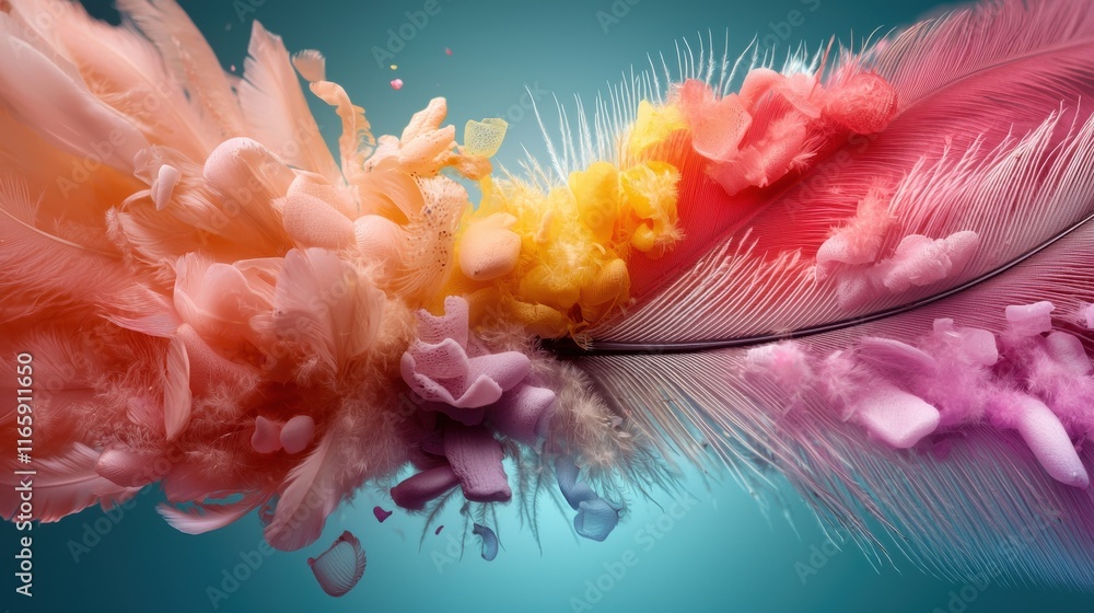 Poster a vibrant, abstract representation featuring a feather intertwined with colorful splashes of paint, 