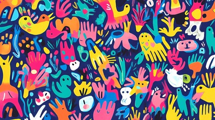 Abstract Colorful Creatures and Hands Pattern