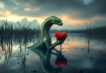 Naklejka premium Serpentine Creature Holding a Bloom: Surreal Sunset Waterscape
