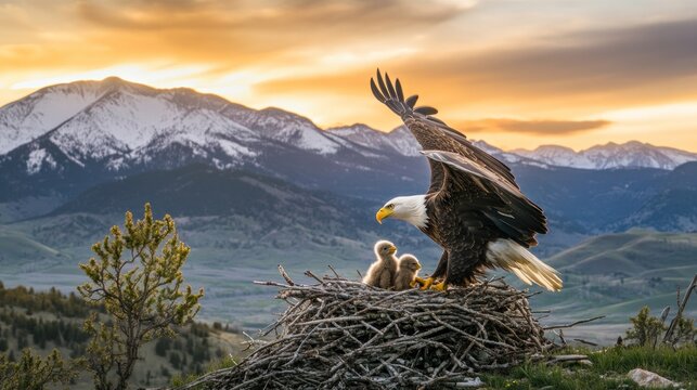 Majestic bald eagle with its eaglets at sunset in a mountain nest.