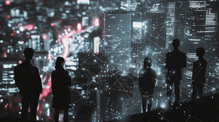 Fototapeta premium Abstract business team stands on the peak of success amid tall, innovative Smart city and graphs with statistics to analyze business potential and predict future developments in company growth.