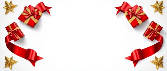 White Background with Red and Gold Ribbon Gifts and Elegant Border Design