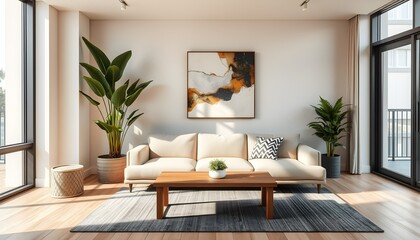 modern living room, minimalist design, white brick wall, gray sofa, wooden coffee table, large windows