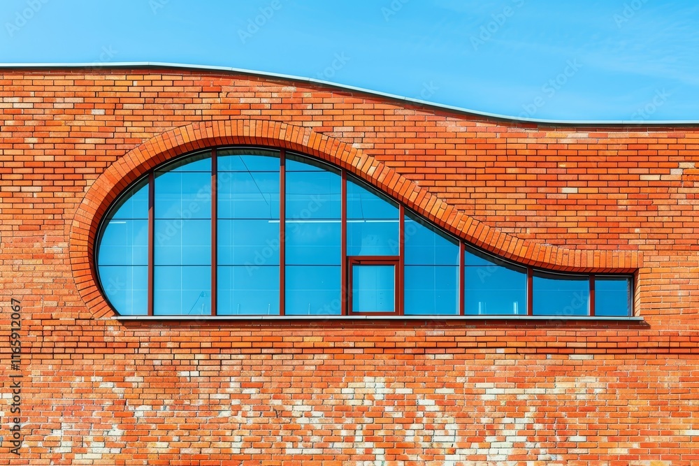 Poster a distinctive building showcases a curving brick facade highlighted by a unique arched window design