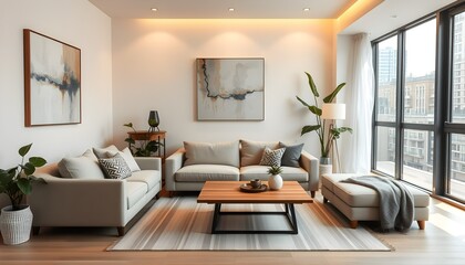 modern living room, minimalist design, white brick wall, gray sofa, wooden coffee table, large windows, abstract wall art, potted plant, area rug, ambient lighting, cozy interior