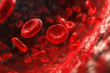 Fototapeta premium Close-up of red blood cells flowing through a narrow vessel, illuminated by soft light