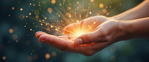 Magical light sparks in cupped hands against dark background
