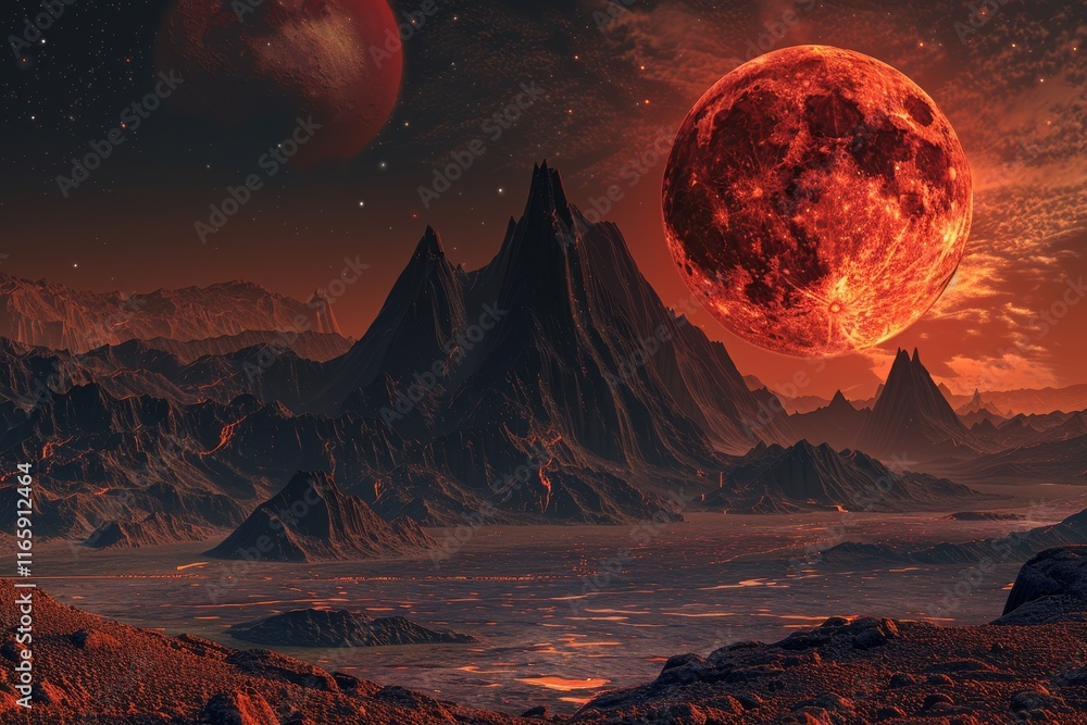 Poster a dramatic alien terrain features jagged mountains silhouetted against a brilliant red moon, creatin
