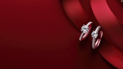 Two white gold engagement rings with diamonds and red ribbon on a red background. Valentine's Day. Romantic wedding jewelry background. 