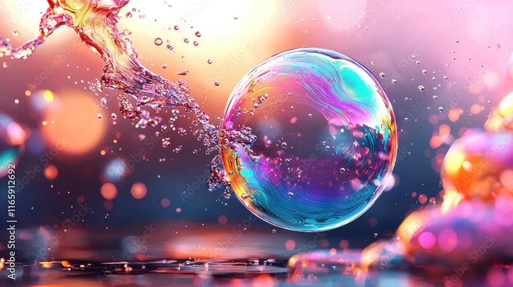 Poster a vibrant soap bubble reflects colorful light while splashing water droplets create a dynamic, dream