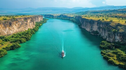 Turquoise river winding through a canyon, with a boat navigating the waterway.  Vast, verdant cliffs and vegetation line the banks.  High angle view.