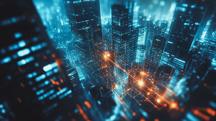 Obraz premium Abstract business team stands on the peak of success amid tall, innovative Smart city and graphs with statistics to analyze business potential and predict future developments in company growth.