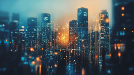 Obraz premium Abstract business team stands on the peak of success amid tall, innovative Smart city and graphs with statistics to analyze business potential and predict future developments in company growth.