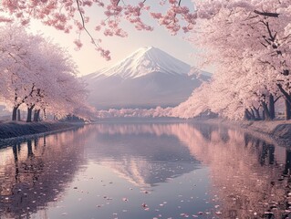 Tranquil Cherry Blossoms Reflecting on Serene Waters Near Distant Snowy Mount Fuji