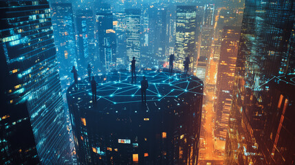 Naklejka premium Abstract business team stands on the peak of success amid tall, innovative Smart city and graphs with statistics to analyze business potential and predict future developments in company growth.