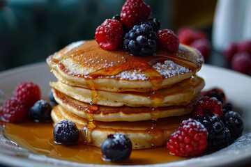 A stack of warm and fluffy pancakes is elegantly topped with an assortment of fresh raspberries and blackberries, drizzled with sweet syrup.