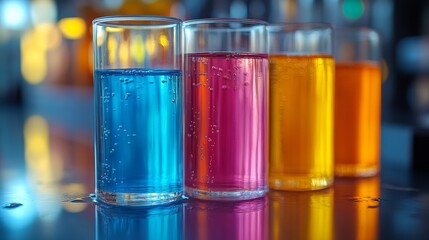 Four colorful glasses with vibrant liquids on a reflective surface.