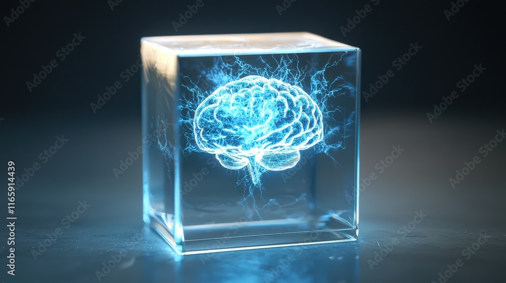 Poster A glowing brain inside a transparent cube, symbolizing intelligence, technology, and the mysteries of the mind.