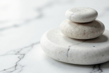 Smooth spa stones arranged artfully on pristine white marble , still life, meditation, marble