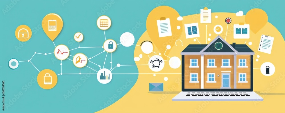 Poster a digital illustration depicting a house connected to various icons representing data, documents, an