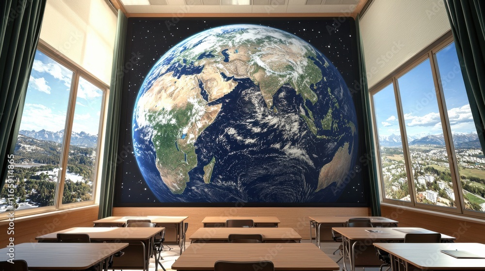 Poster A classroom features a large mural of Earth, with desks arranged neatly and sunlight streaming through windows, creating an inspiring educational environment.