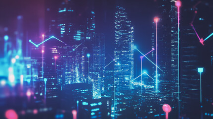 Fototapeta premium Abstract business team stands on the peak of success amid tall, innovative Smart city and graphs with statistics to analyze business potential and predict future developments in company growth.