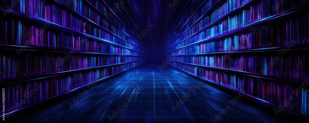 Aufkleber a futuristic library design featuring glowing shelves, creating an immersive and digital atmosphere 