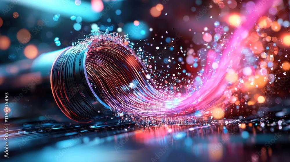 Poster a vibrant, abstract image showcasing flowing streams of light and energy, creating a dynamic, colorf