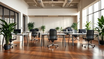 Fototapeta premium Modern Sunlit Office Workspace With Plants and Desks