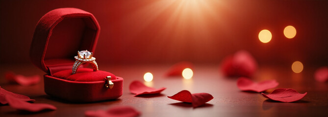 Engagement ring box with red petals and romantic lighting
