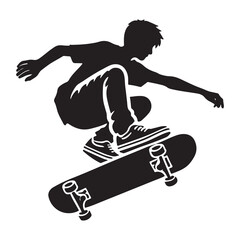 Skateboarding Silhouette Vector Illustration, Solid White Background.