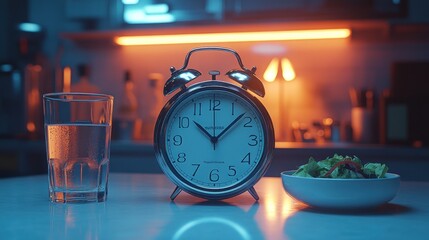 Alarm clock, water, salad on kitchen counter at night.