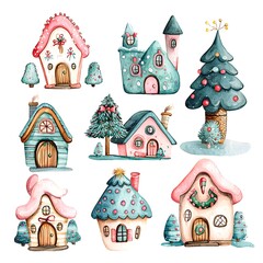 Watercolor illustration of a whimsical collection of eight charming Christmas houses and trees, perfect for holiday cards and decorations.