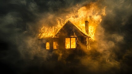 Blurred Image of Burning House with Radiant Glow and Swirling Smoke