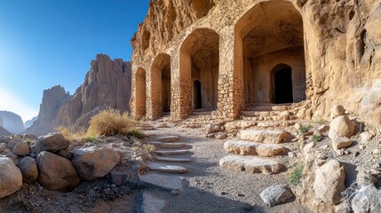 Ancient stone structure carved into cliff face, steps leading to arched entrances.