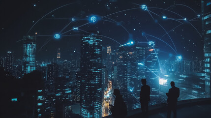 Abstract business team stands on the peak of success amid tall, innovative Smart city and graphs with statistics to analyze business potential and predict future developments in company growth.