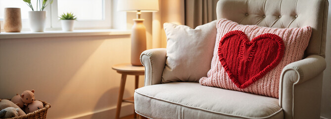 Heart-shaped pillow on a cozy armchair by sunlight