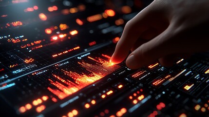 Close-up of a hand interacting with a futuristic digital interface displaying dynamic data streams and glowing elements.
